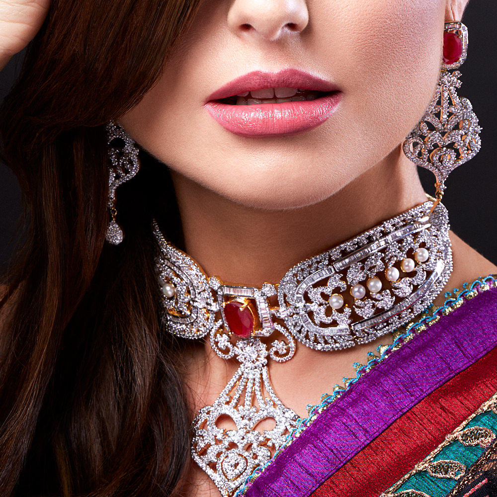 Image of brides lips and diamond necklace